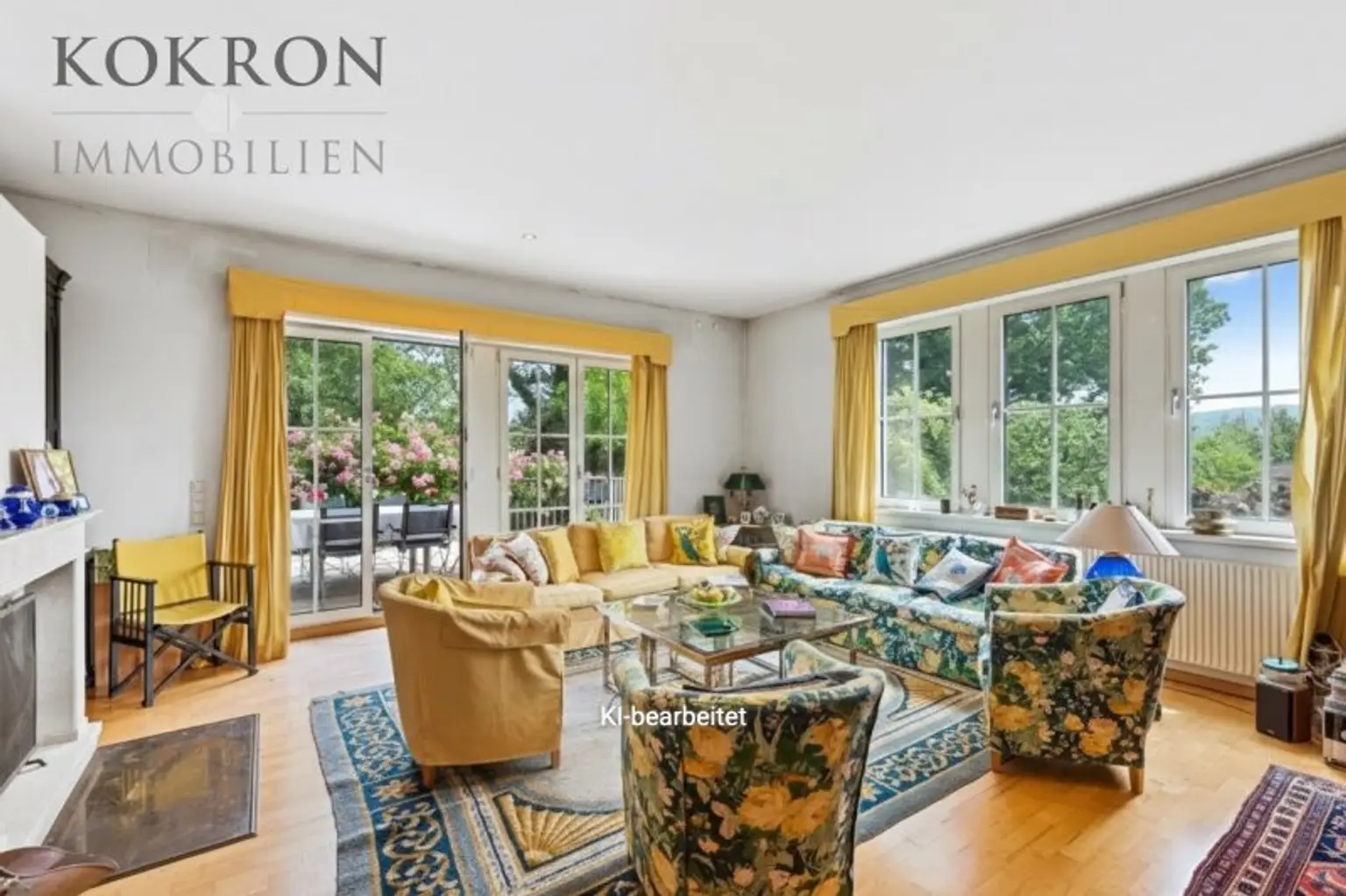 Wohnsalon KI generiert ohne persönliche Bilder an der Wand