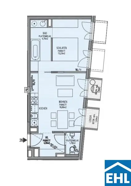 Perfekt aufgeteilte 2 Zimmerwohnung mit Balkon