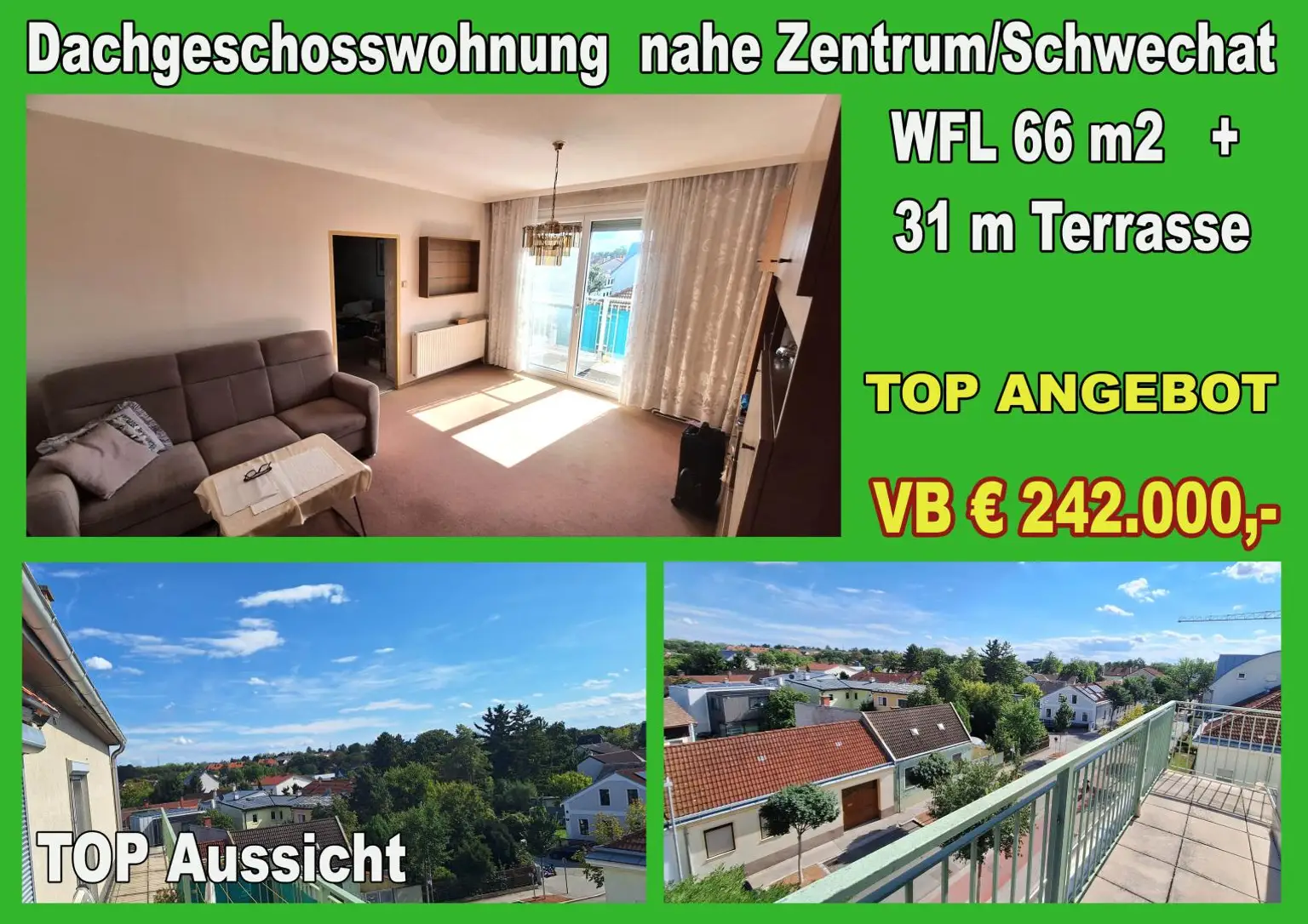 Zentrumsnahe sonnige Dachgeschosswohnung  mit Eckterrasse in Schwechat.