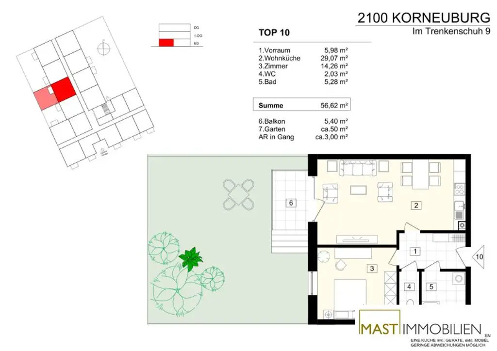 Auf der Suche nach einer 2 Zimmer Gartenwohnung inkl. Einbauküche? Ausgezeichnete Lage direkt in Korneuburg