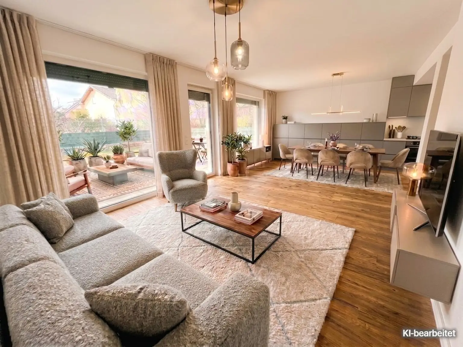 KI-Visualisierung - Wohn- und Esszimmer mit Küche