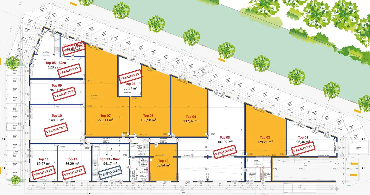 Gewerbe-/ Büro-/ Ordinations-/ Lagerflächen von 96 - 307 m² Fläche im Gewerbepark Ansfelden zu vermieten, Nähe A1 (Audorf Süd) (Top 14)