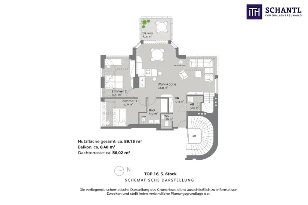 Grundriss Dachterrasse Top 16, schematische Darstellung