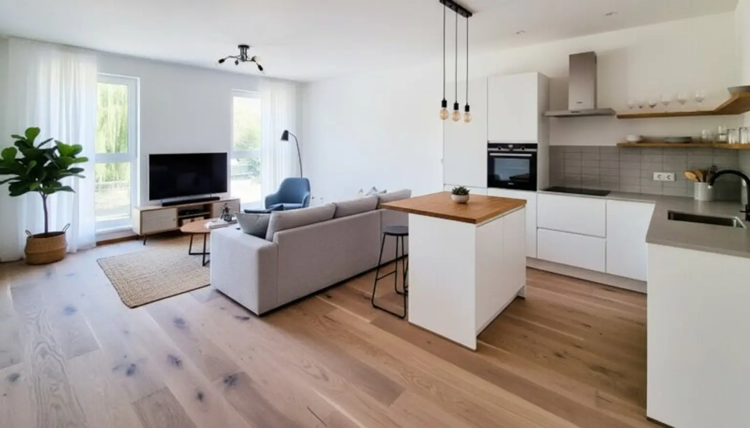 Wohn- und Küchenbereich; KI generierte Einrichtung