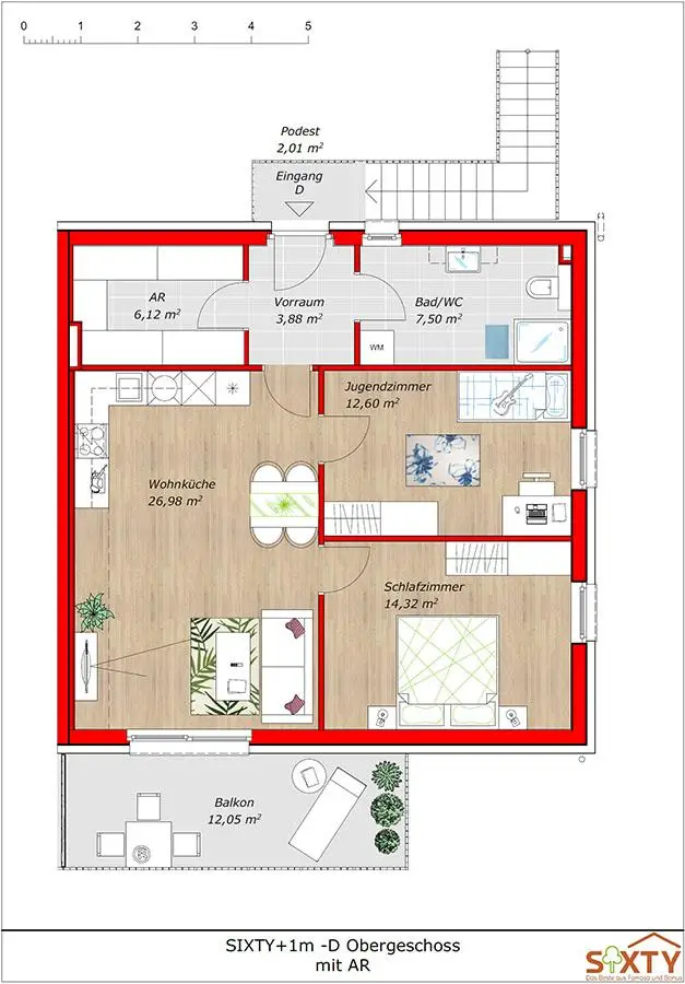 Schlüsselfertige DG-Wohnung mit 3,5 Zimmern, Terrasse, Eigengarten und 2 Parkplätzen.