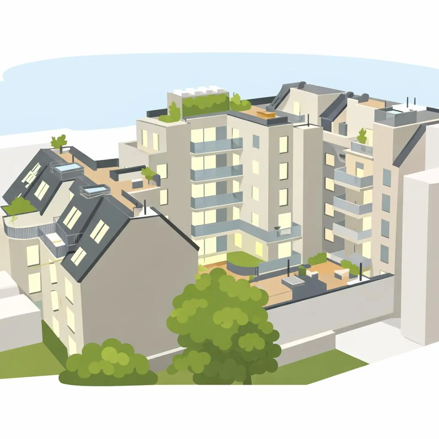 Modern urban apartment complex with terraces