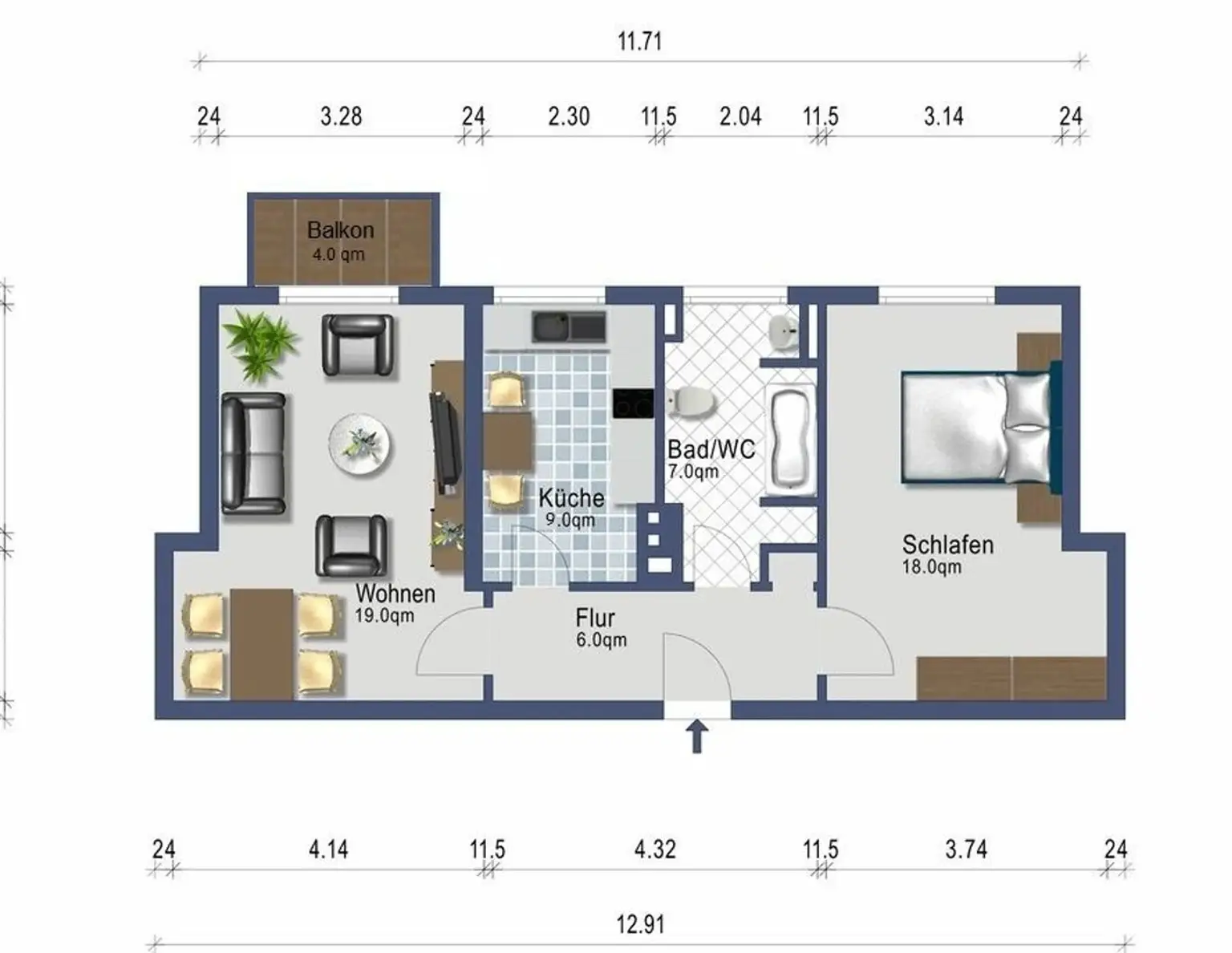 2-Zimmer Wohnküche Balkon - provisionsfrei ab sofort - Heizkosten und Betriebskosten inklusive