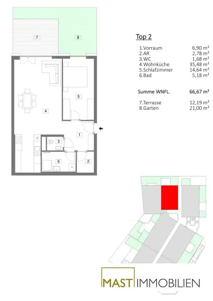 PROVISIONSFREI --- 2 Zimmer Garten Wohnung inkl. EWE Einbauküche & absoluter Ruhelage direkt in Spillern