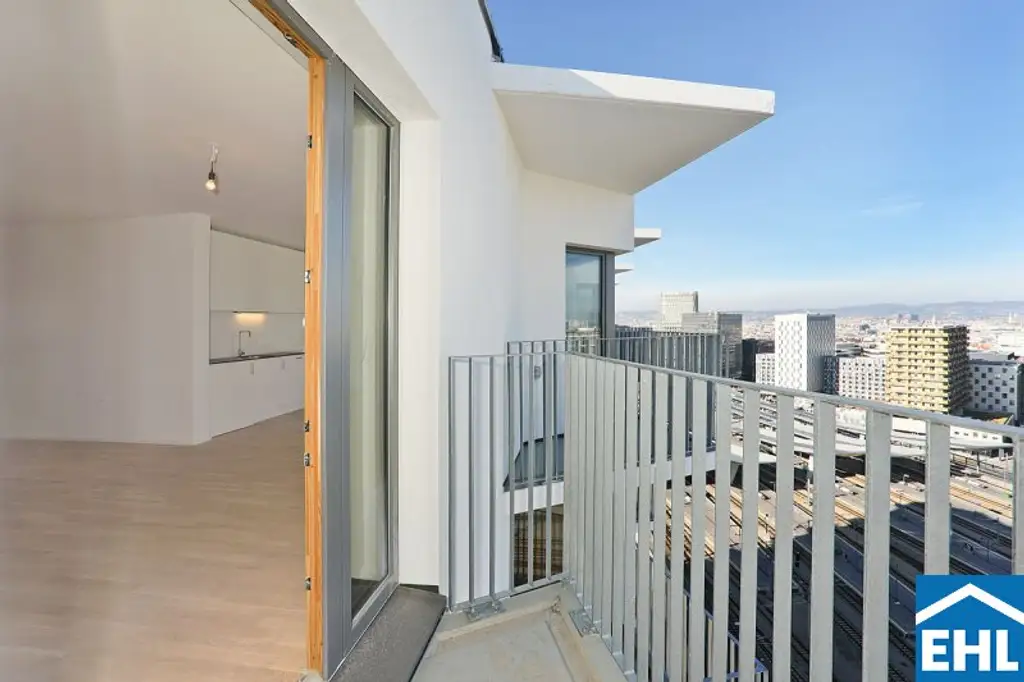 Sonnwendviertel: 1-Zimmer-Wohnung mit Balkon im 18. OG – Fitnessraum, Co-Working & Rooftop-Terrasse inklusive!