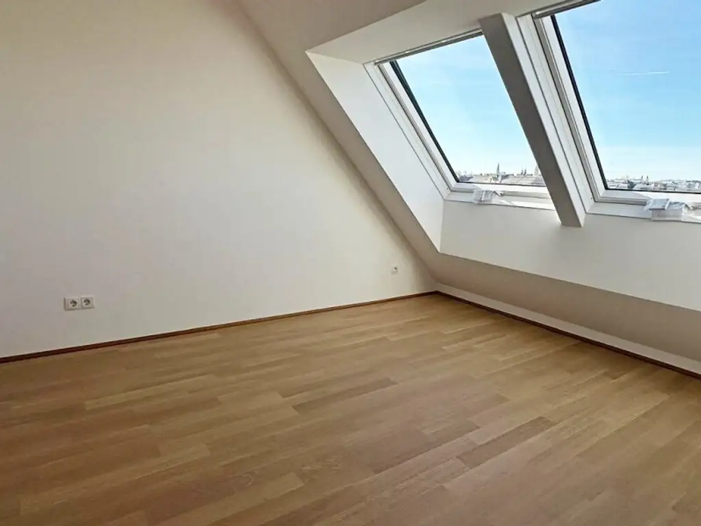 ERSTBEZUG, DACHGESCHOSS, klimatisierte 82 m2 Neubau mit Balkon, Wohnküche, 2 Zimmer, Wannenbad, Parketten, Augarten