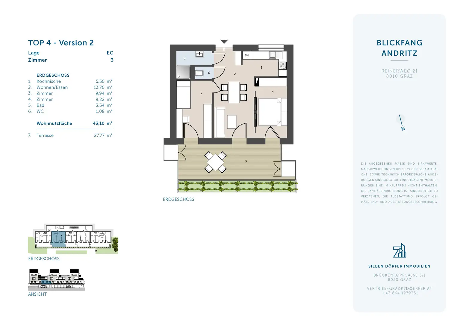 2-Zimmer-Terrassenwohnung im EG: ca. 44,93 m² WNF, ca. 27,77 m² Terrasse