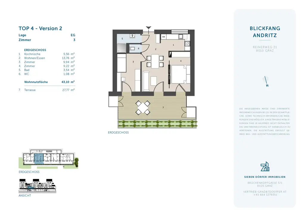 2-Zimmer-Terrassenwohnung im EG: ca. 44,93 m² WNF, ca. 27,77 m² Terrasse
