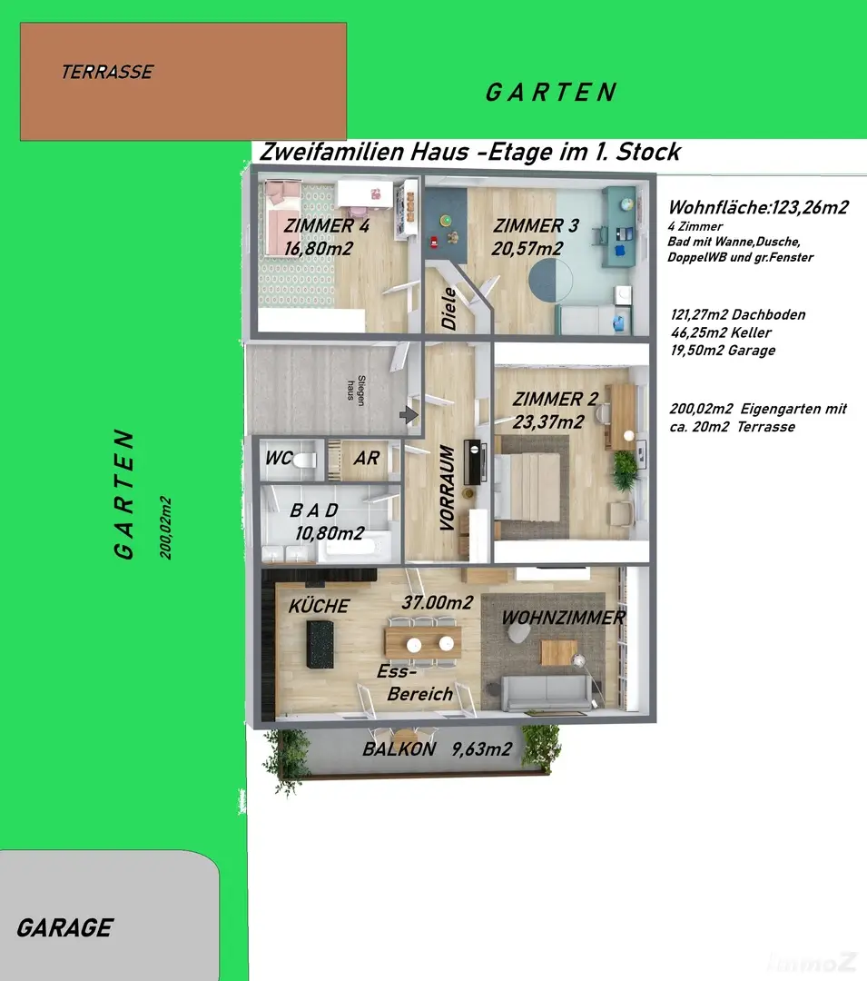 Hausetage im 1.Obergeschoss mit Gartenanteil im EG b