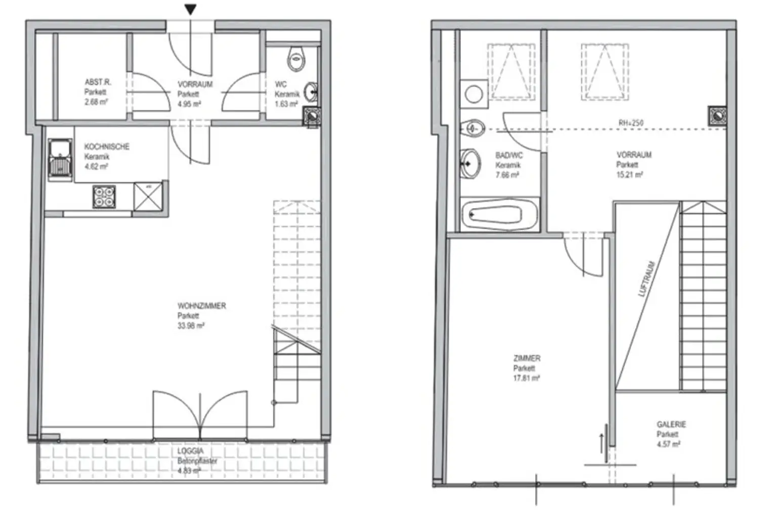 INNSTRASSE, FERNBLICK, unbefristete 97 m2 Dachgeschoß-Maisonette mit Loggia, 2 Zimmer, Komplettküche, Wannenbad, Parketten, gefördert