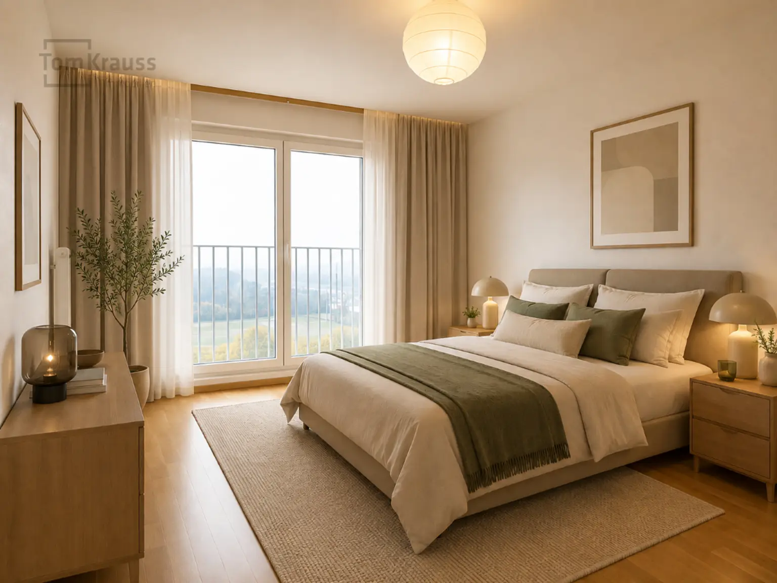 Schlafzimmer mit Ausblick KI möbliert