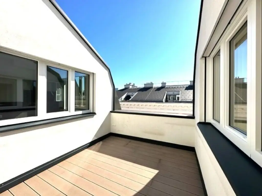 BÖRSE-NÄHE, klimatisiertes 98 m2 Dachgeschoss mit 9 m2 Terrasse, 3 Zimmer, Extraküche, 2 Bäder, Gonzagagasse