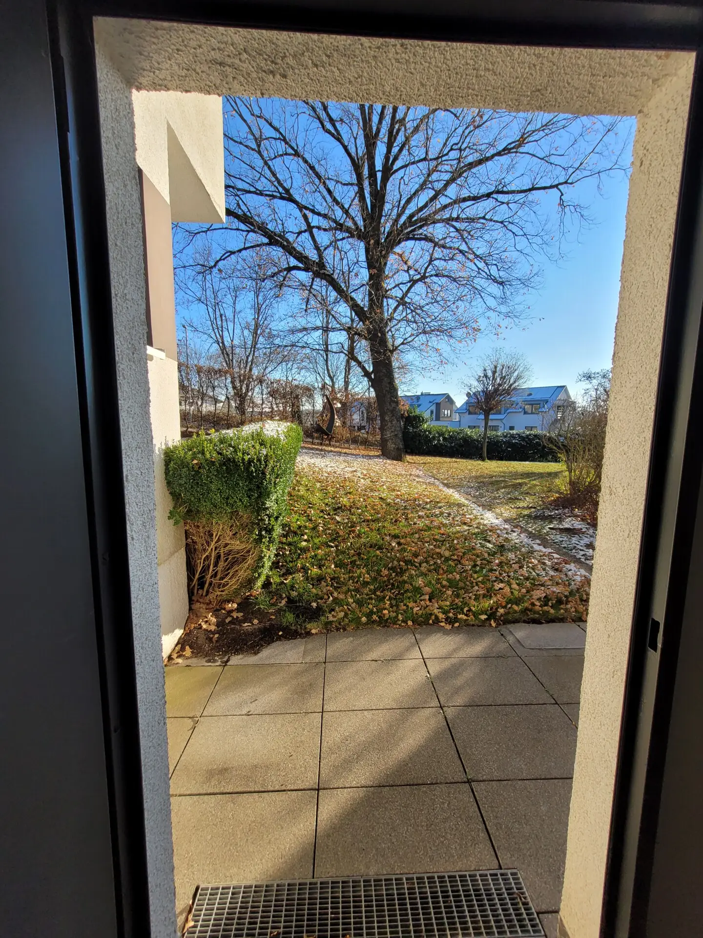 Blick aus der Garage zum Garten