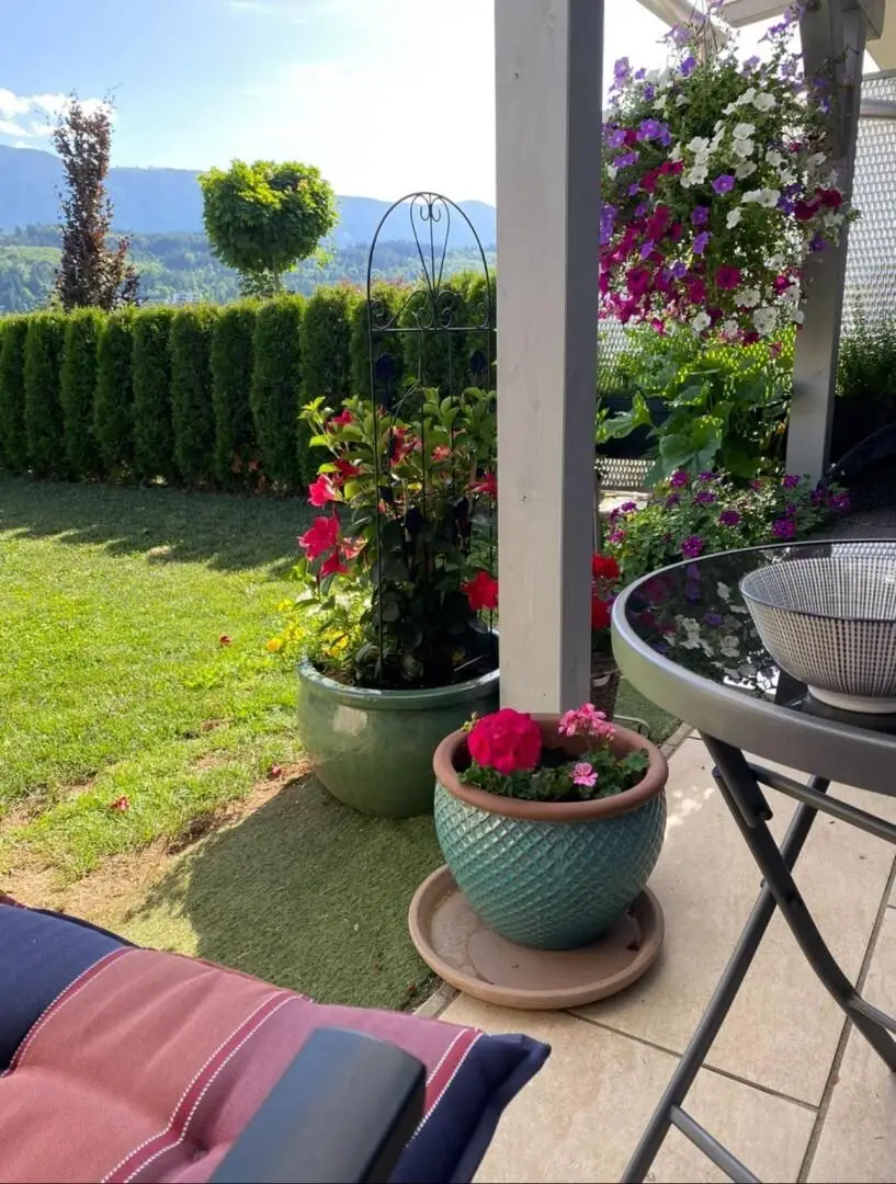 mit viel Grün und Blumen