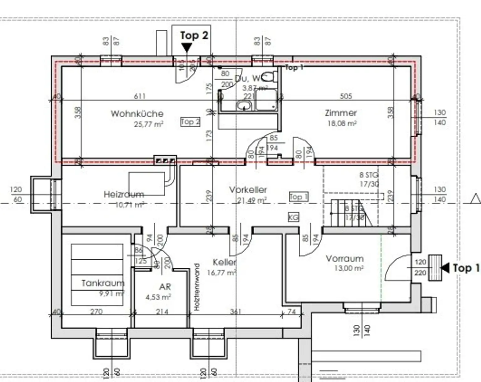 Grundriss Eingangsbereich Top 1, Einliegerwohnung Top 2, Kellerräume