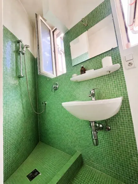 Bad mit Dusche, WC, Waschbecken + Fenster