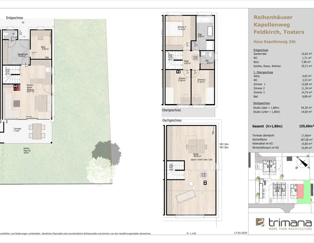 NEU - Feldkirch - Tosters -das großzügige trimana Vollholz Doppelhaus mit großem Garten, Terrasse, Studio und Tiefgarage, Baubeginn in Kürze