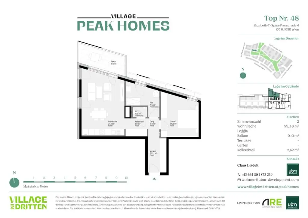 BEZUGSFERTIG & PROVISIONSFREI - 2-Zimmer Eigentumswohnung mit Balkon im „Village im Dritten – PEAK HOMES“ Top 48