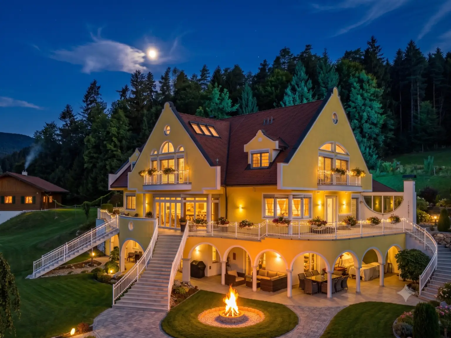 Die Villa bei Nacht