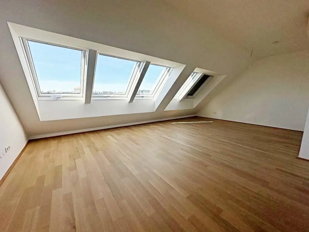 ERSTBEZUG, DACHGESCHOSS, klimatisierte 82 m2 Neubau mit Balkon, Wohnküche, 2 Zimmer, Wannenbad, Parketten, Augarten