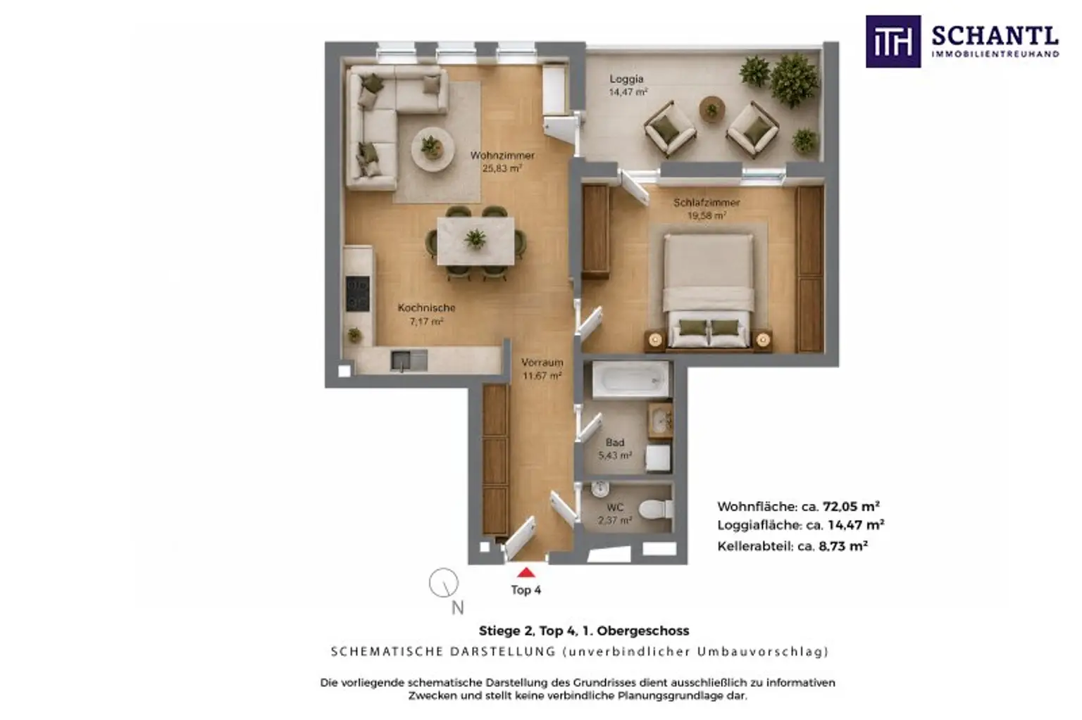 Grundriss Top 4, schematische Darstellung, Umbauvorschlag