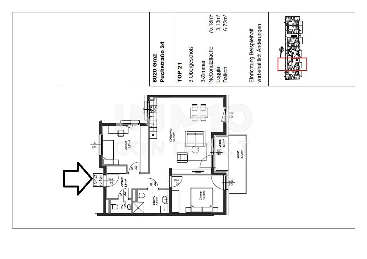 Erstbezug ab 01.10.2025: geförderte 3 Zimmer Wohnung mit Balkon in ruhiger und zentraler Lage - Puchstraße 34 - Top 21