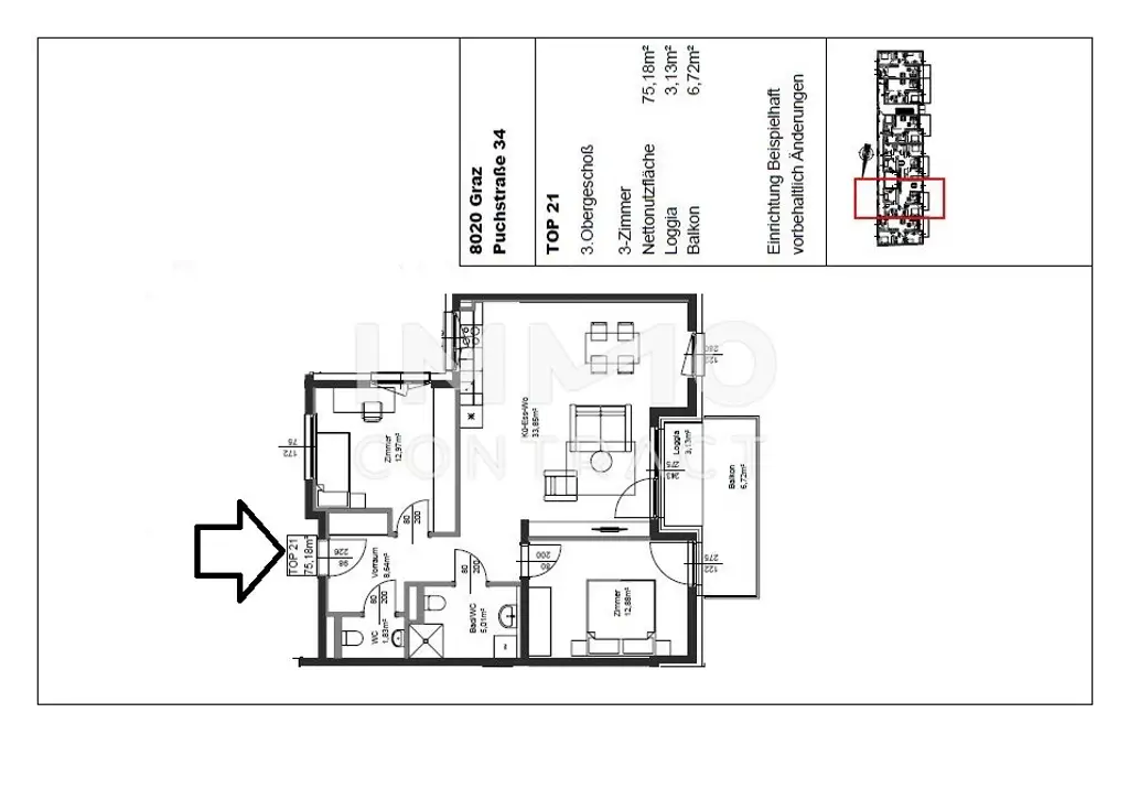 Erstbezug ab 01.10.2025: geförderte 3 Zimmer Wohnung mit Balkon in ruhiger und zentraler Lage - Puchstraße 34 - Top 21