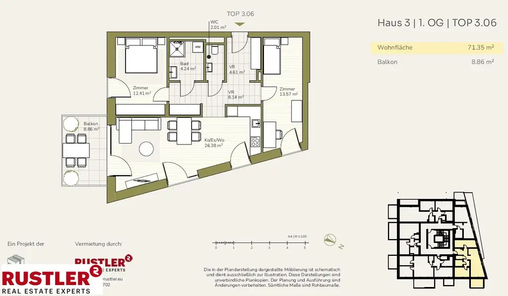 Stilvolles Wohnen im Projekt Schlosspark: erstklassige 3-Zimmerwohnung mit Balkon