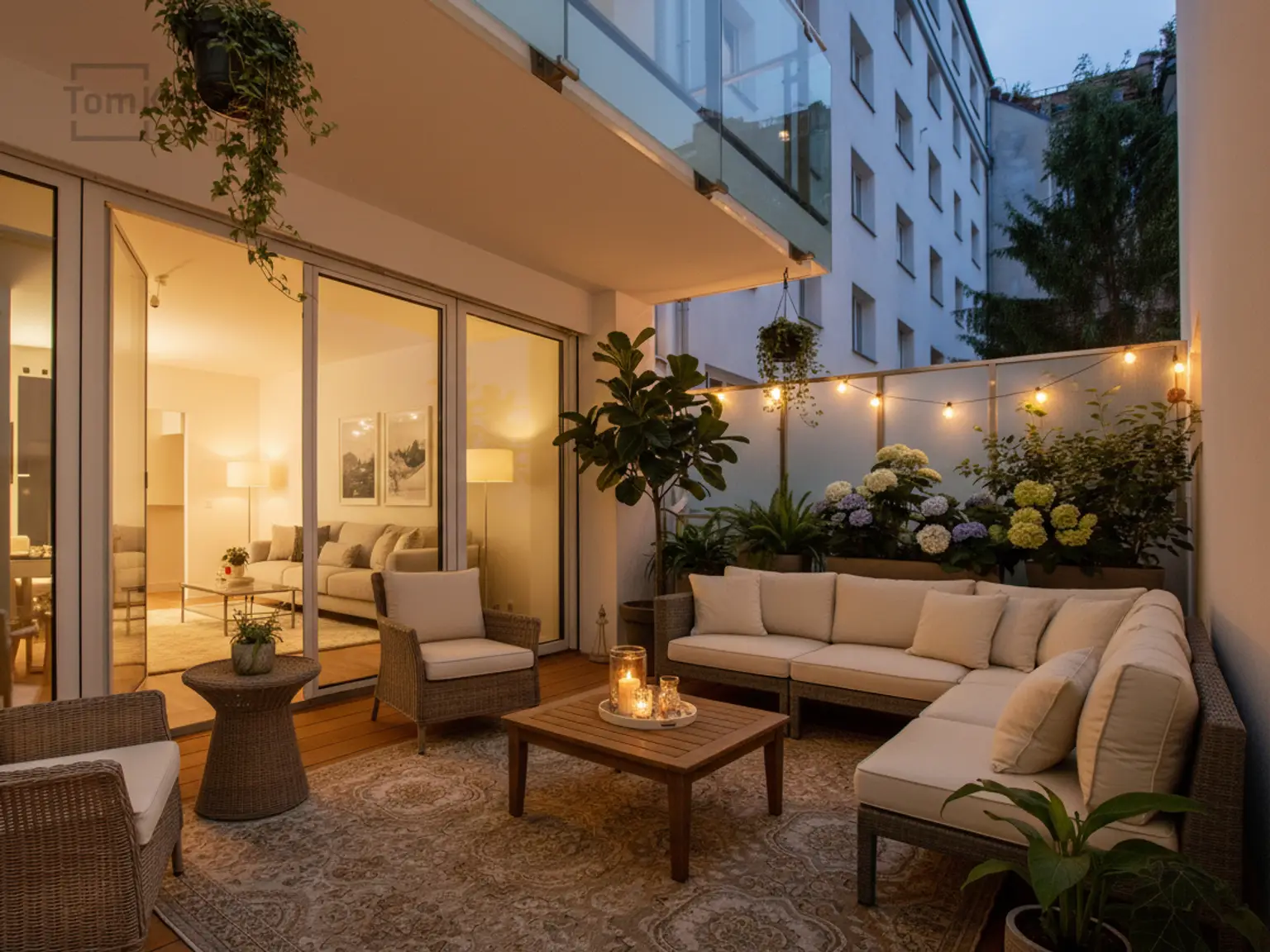 Großezügige Terrasse Abendstimmung staged