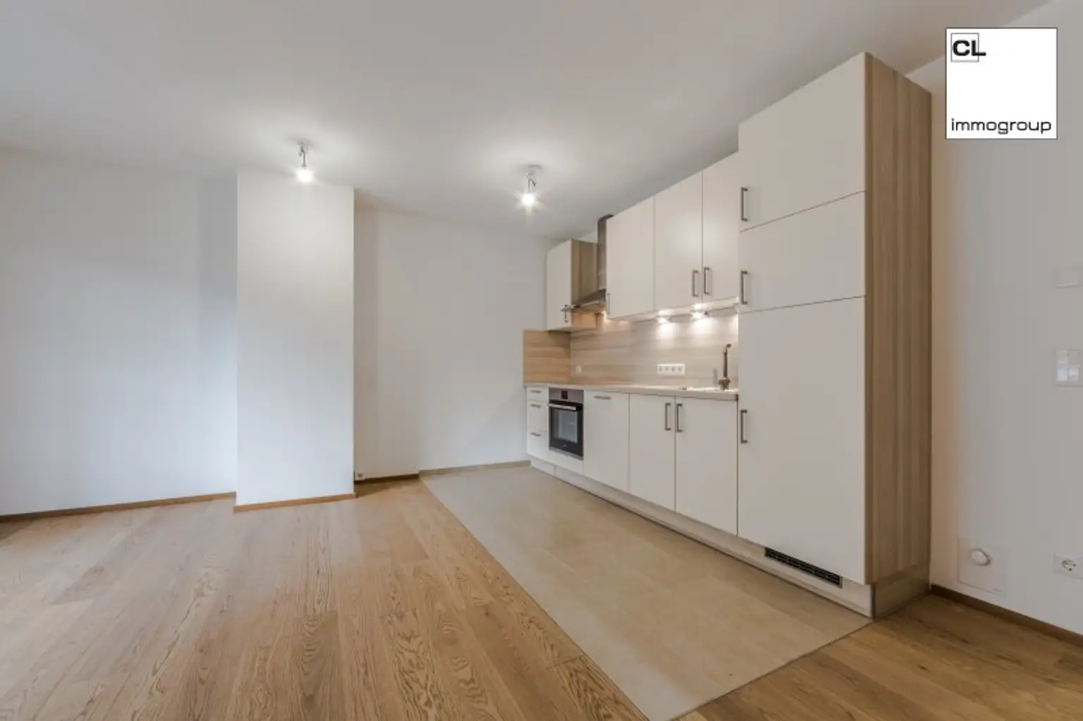 Heller Wohnraum mit Küche und Zugang zum Balkon