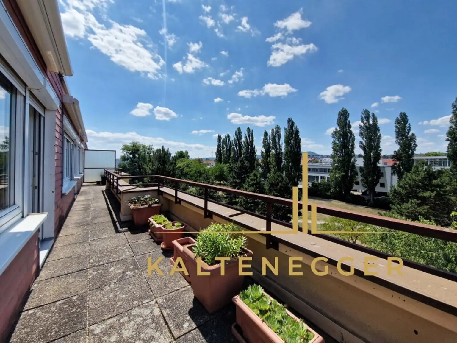 Terrasse ca. 24,46 m², vom Wohnzimmer und Schlafzimmer aus begehbar, westlich ausgerichtet