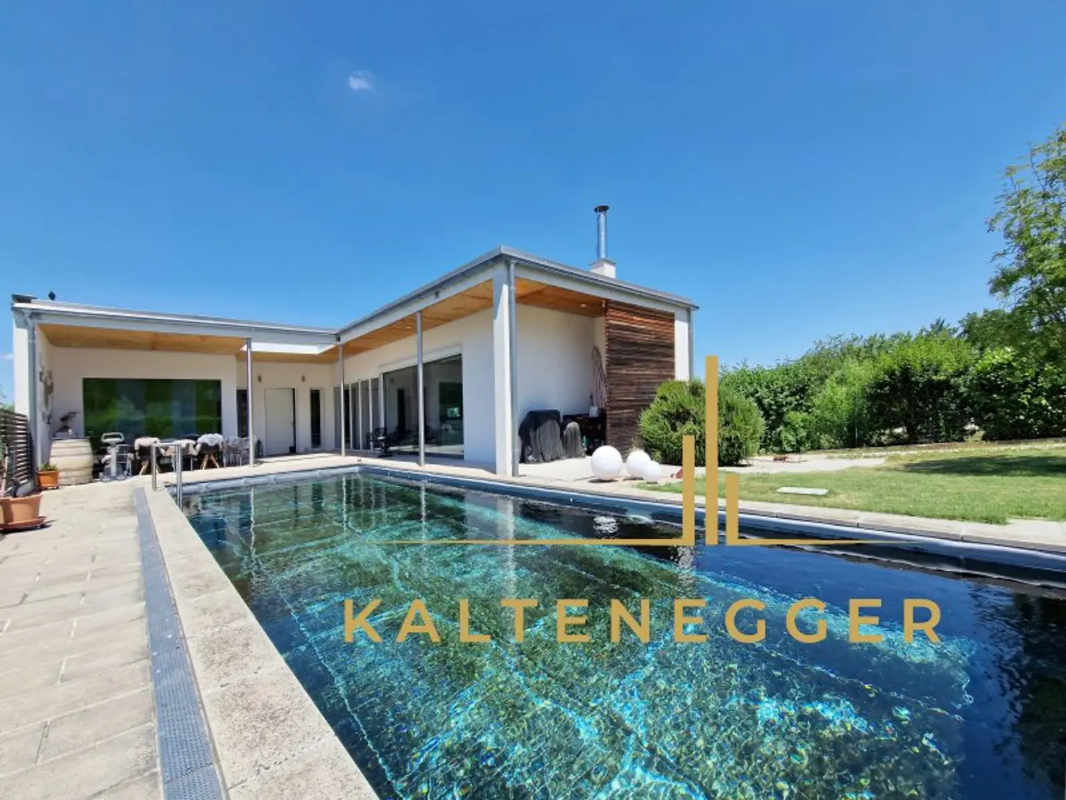 Vorderansicht: Blick auf das Haus und Naturpool