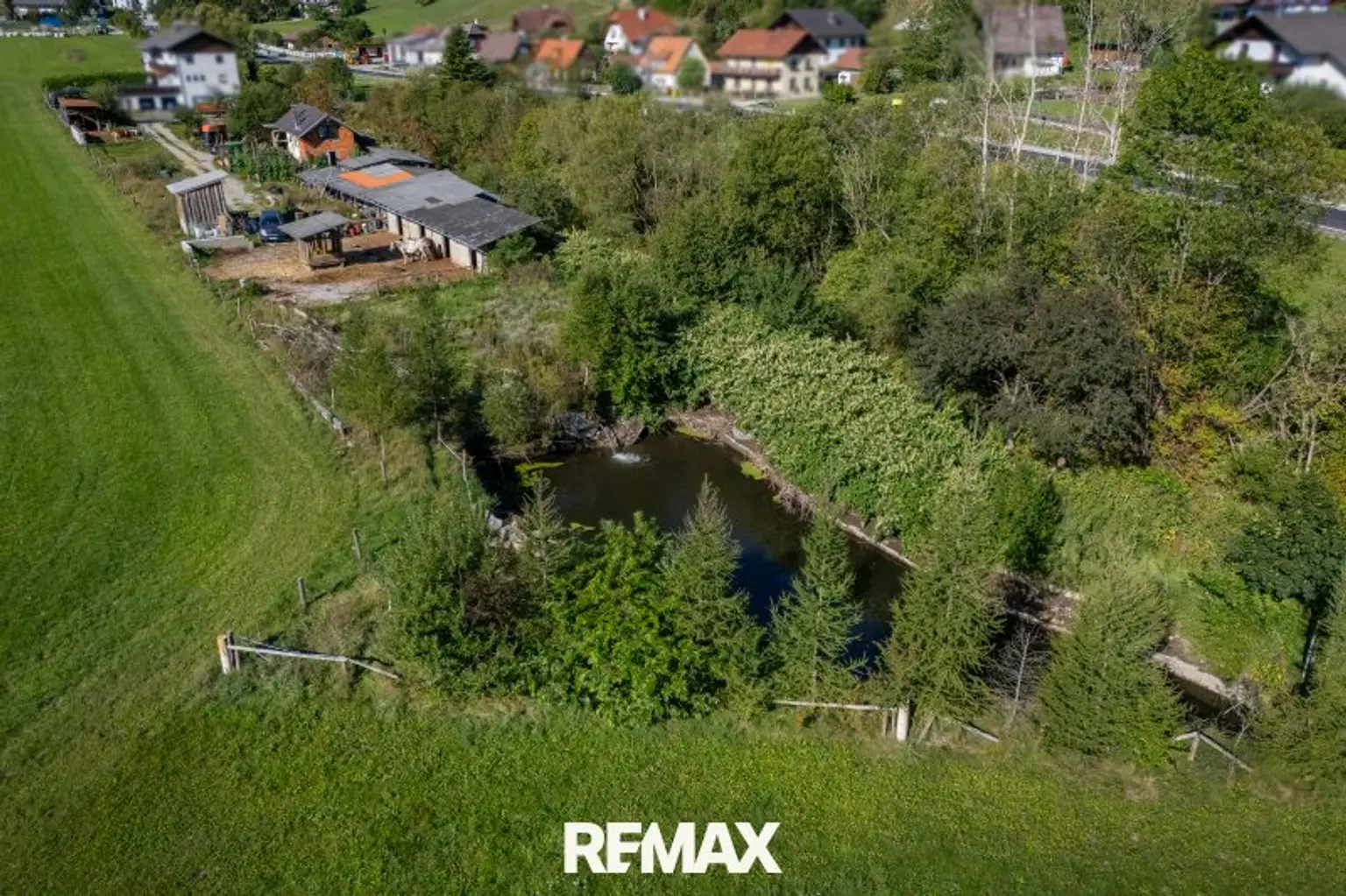 Drohnenansicht mit Schwimmteich
