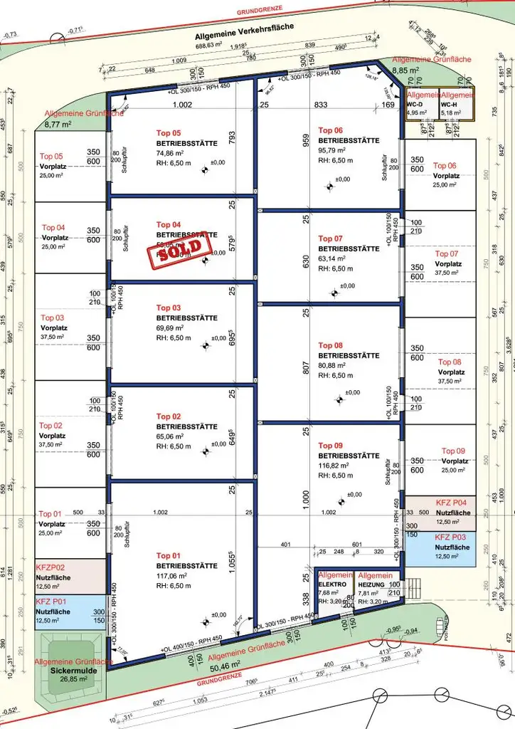 Betriebs-/Produktions- oder Lagerhallen mit Flächen von 63 - 117 m² zu verkaufen in Vöcklabruck / Nähe Varena (Top 01)