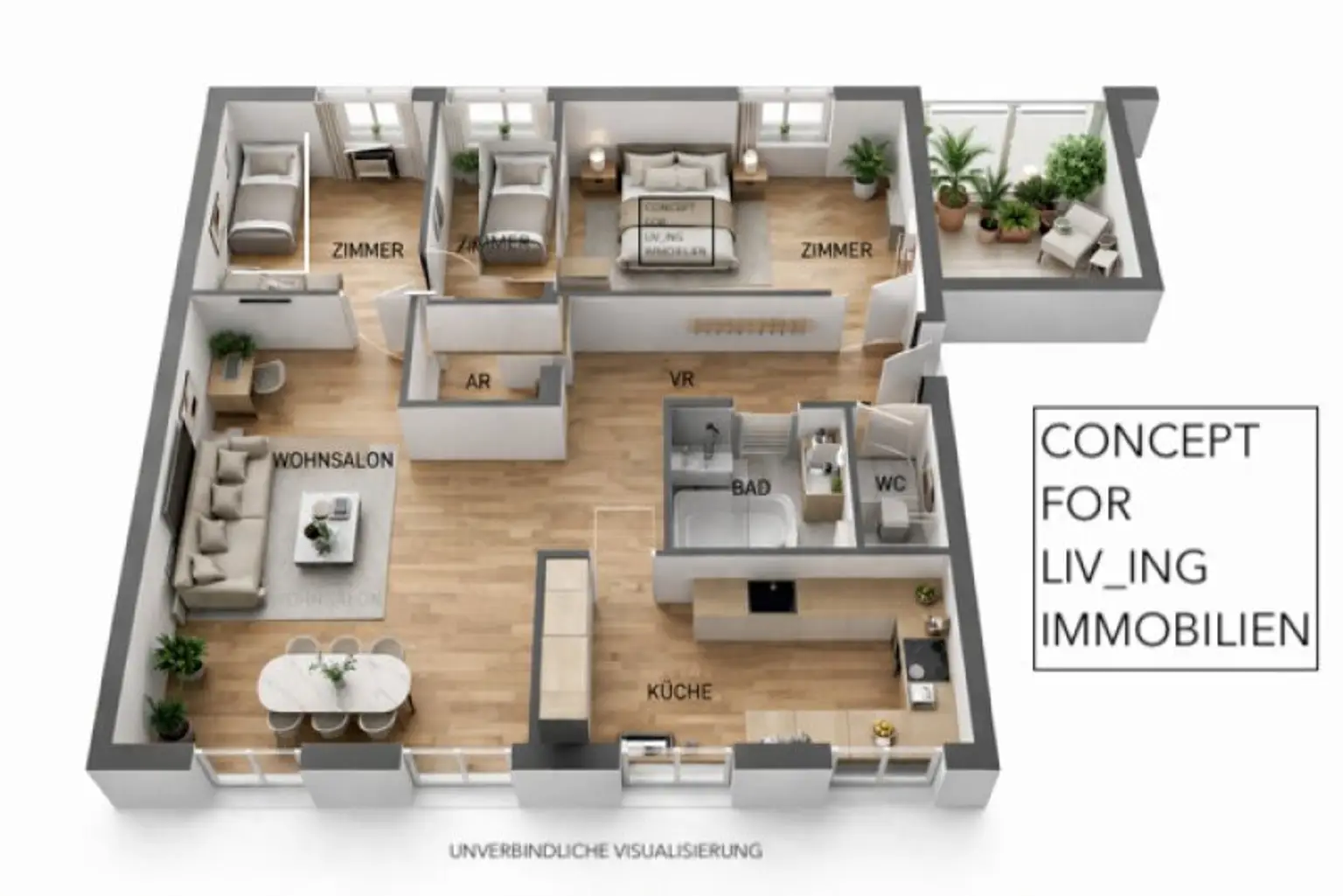 Grünblick. Südseitige 4 Zimmer-Wohnung plus Wintergarten nahe Wörthersee. Keller. Garage. WG-Eignung. Vermietet bis 03/2027.