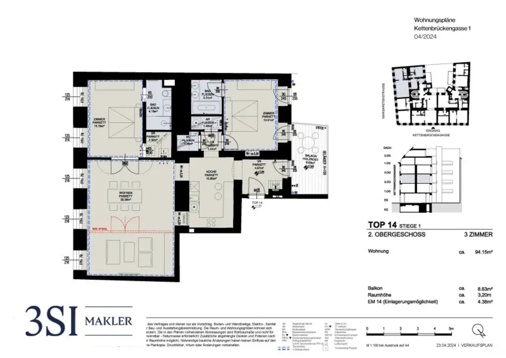 Stilvolle 3-Zimmer-Wohnung mit Balkon beim Naschmarkt
