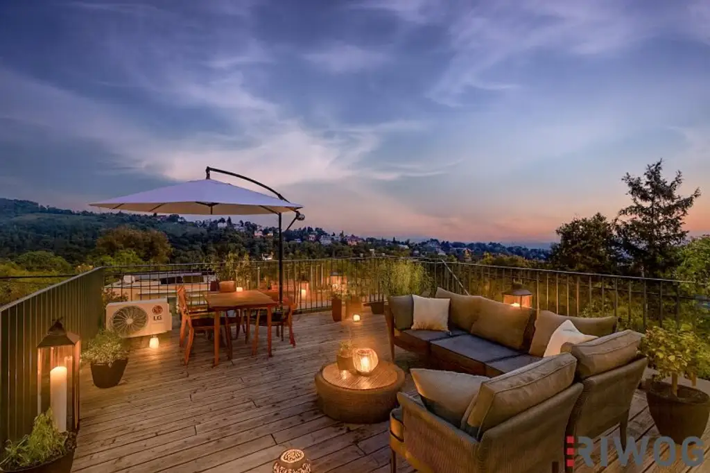 MINI VILLA AM HACKENBERG MIT CA. 37m² DACHTERRASSE UND IMPOSANTEM WEITBLICK AUF DIE CITY - EIGENGRUND IM KLEINGARTEN - GANZJÄHRIG BEWOHNBAR