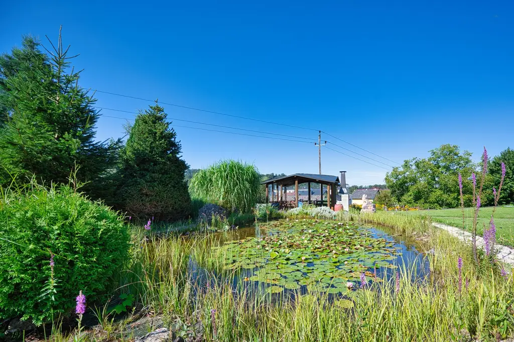 Exklusivität und Privatsphäre pur auf 2.610 m2 Grundfläche! Von der Terrasse in den Schwimmteich.