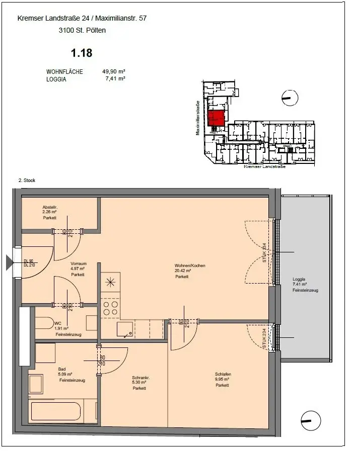 Neubauwohnung mit 2 Zimmern und Loggia 
- im Zentrum von St. Pölten
