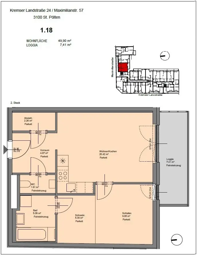 Neubauwohnung mit 2 Zimmern und Loggia 
- im Zentrum von St. Pölten
