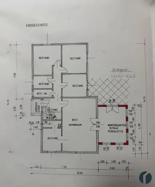 Erdgeschoss (Treppe wurde vom Vorzimmer in den Wintergarten verlegt)