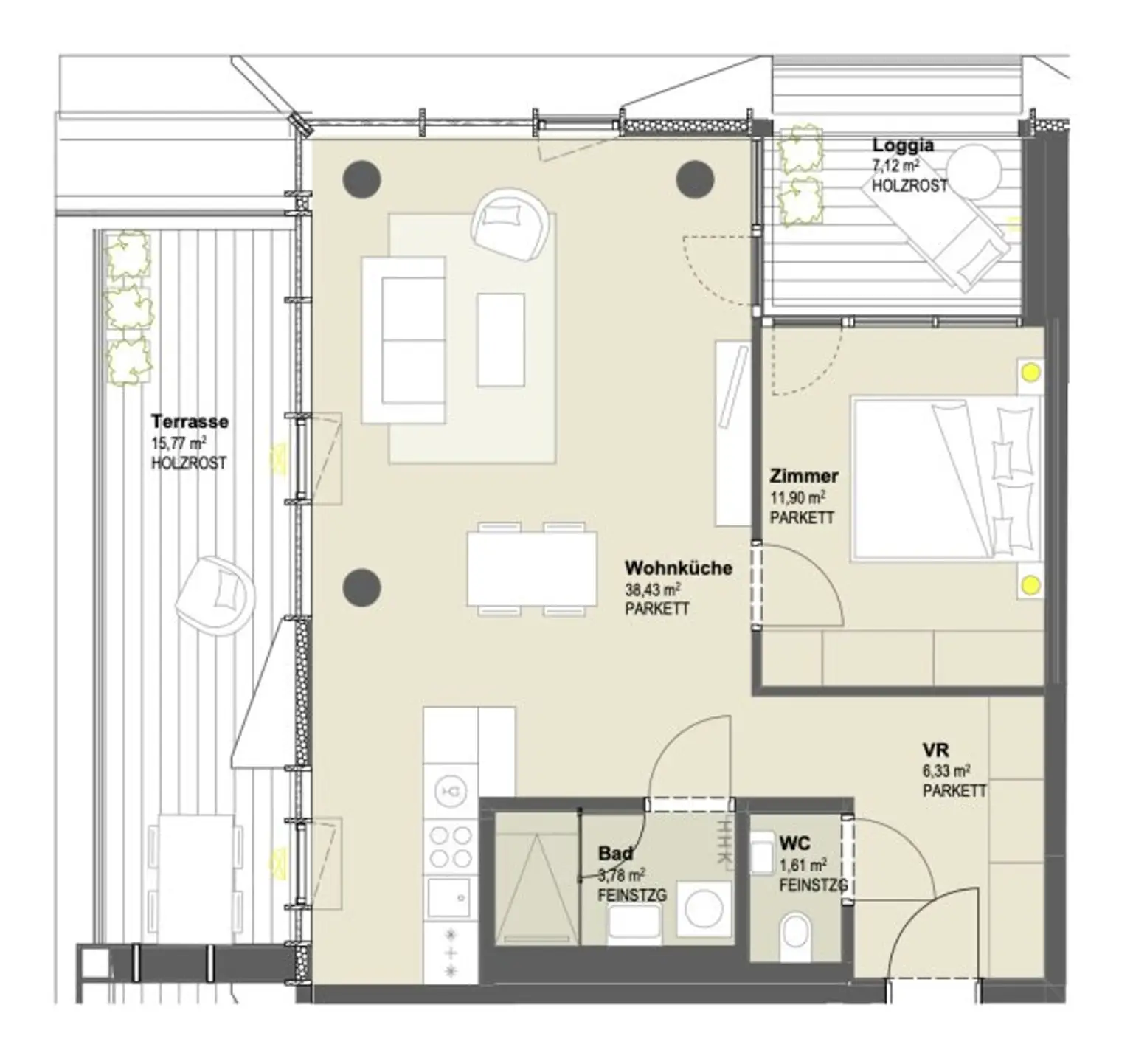 UNBEFRISTETE 2 Zimmer-Wohnung mit viel Freifläche