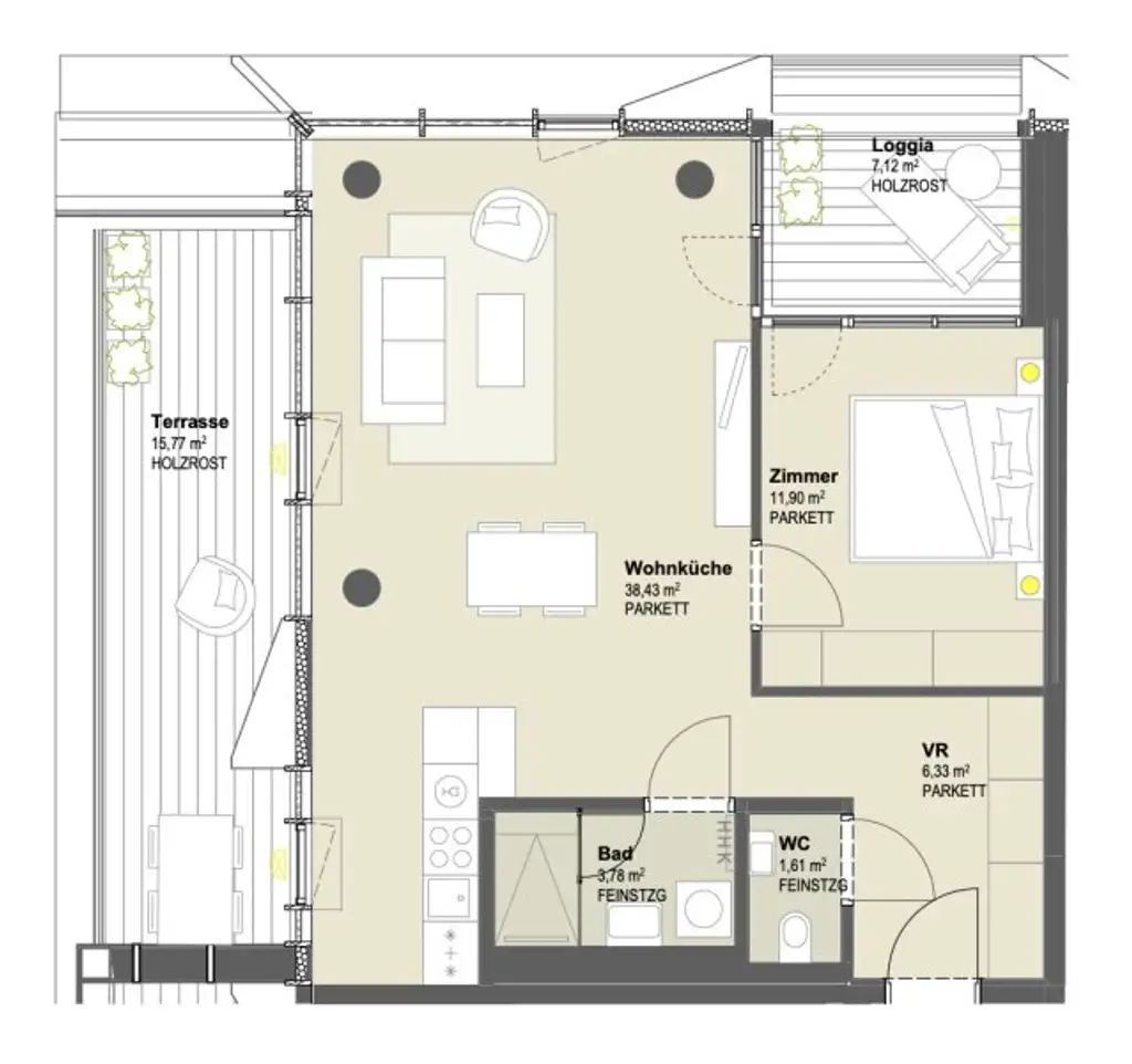 UNBEFRISTETE 2 Zimmer-Wohnung mit viel Freifläche