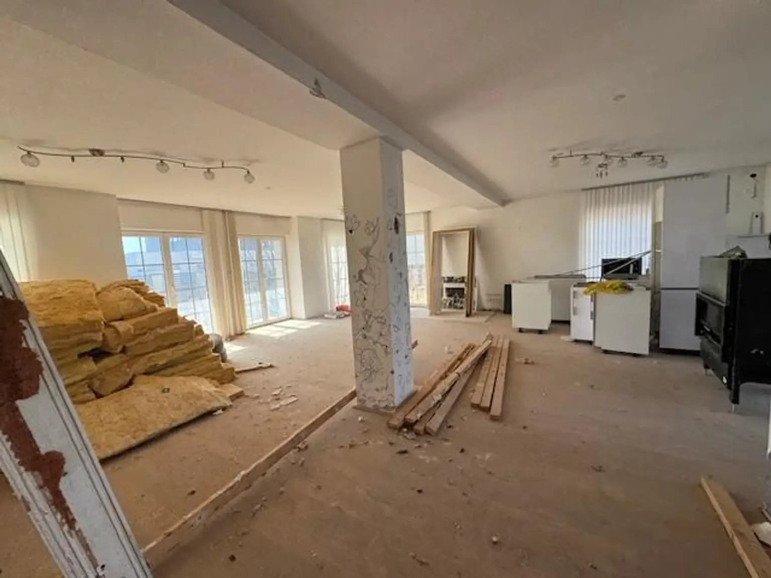 riesiger sonniger Wohnraum mit Küche