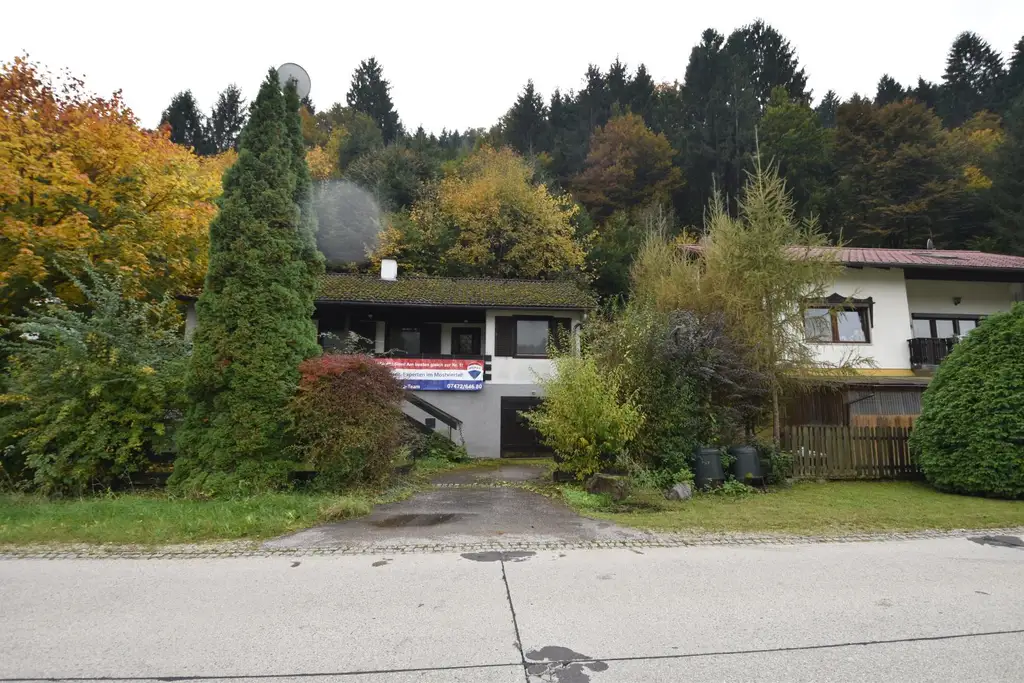 Grundstück mit Blick auf die Donau und sanierungsbedürftigem Bungalow