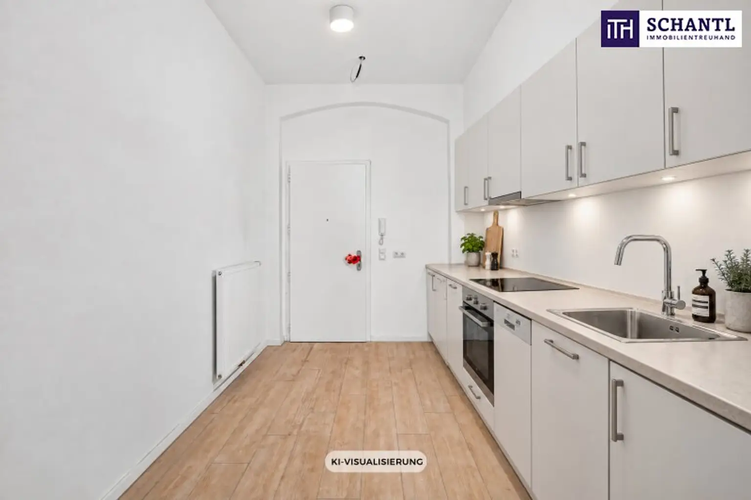 Eingangsbereich Wohnung, Küchenbereich, KI Visualisierung